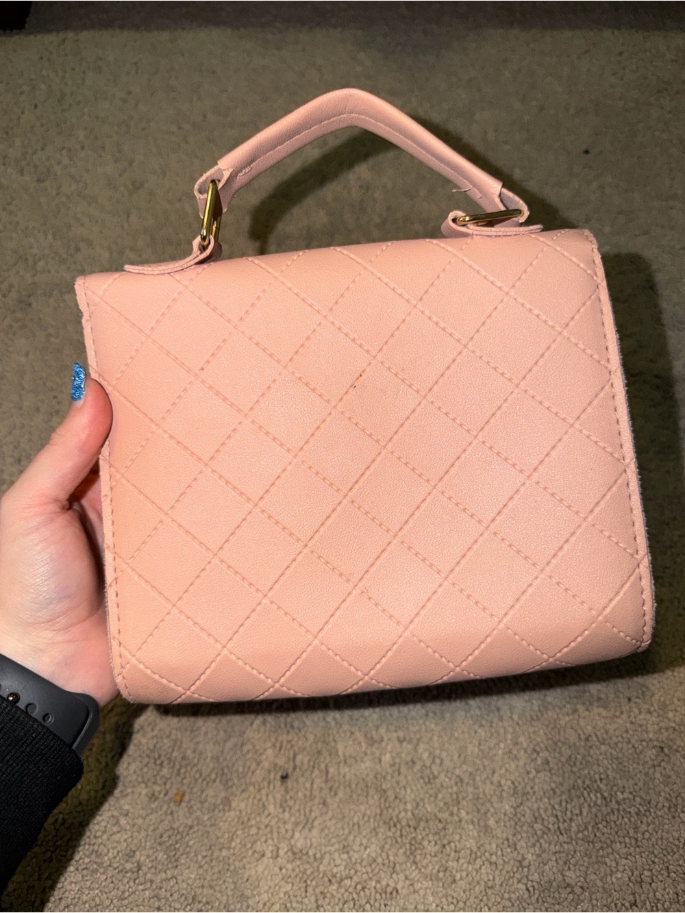 Blush Pink Quilted Top Handle Mini Purse Gold Tone - Picture 7 of 11